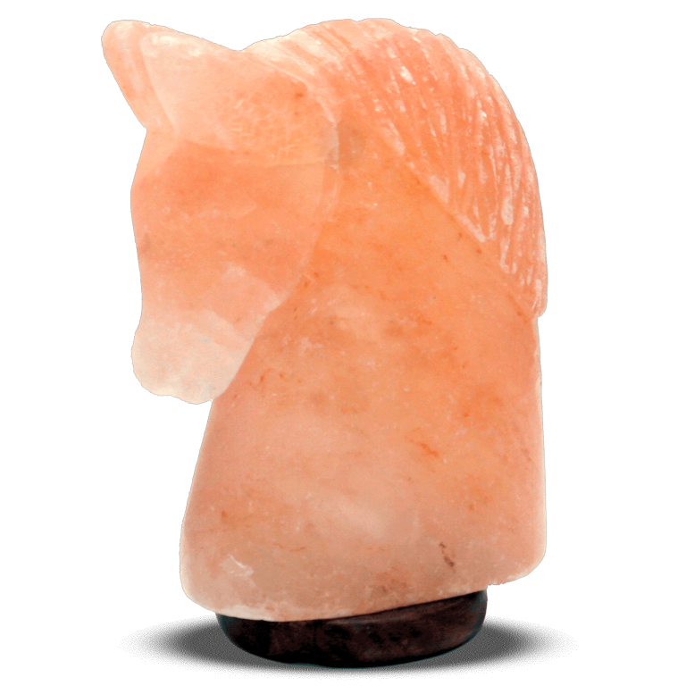Himalayan pink salt lamp shaped like a horse with a wooden base.
